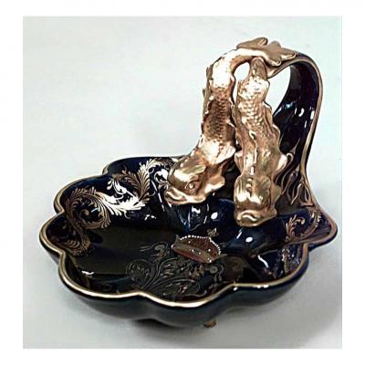 English Regency style cobalt blue porcelain centerpiece with 2 gilt dolphins