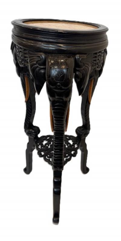 English Regency style ebonized 3 elephant leg pedestal and inset marble top