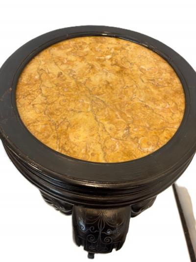 English Regency style ebonized 3 elephant leg pedestal and inset marble top