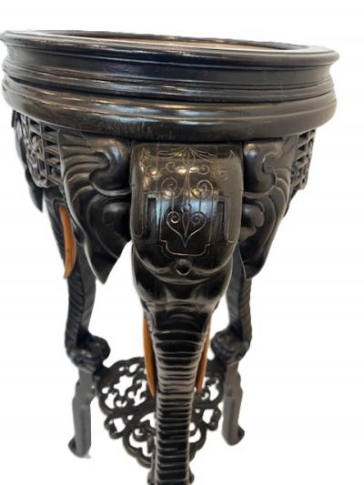English Regency style ebonized 3 elephant leg pedestal and inset marble top