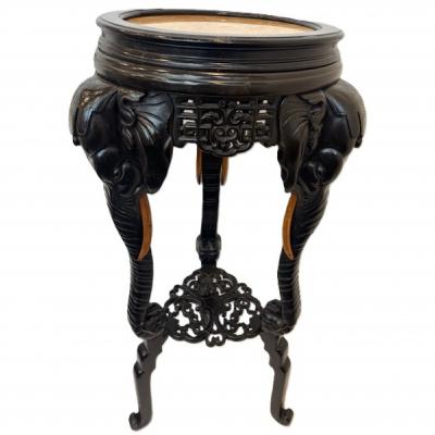 English Regency style ebonized 3 elephant leg pedestal and inset marble top