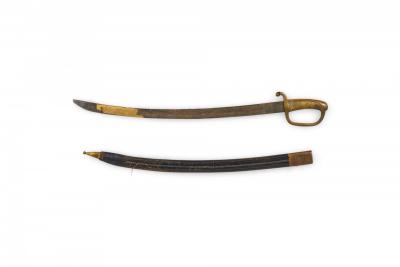 English Renaissance Curved Brass Sword and Leather Scabbard