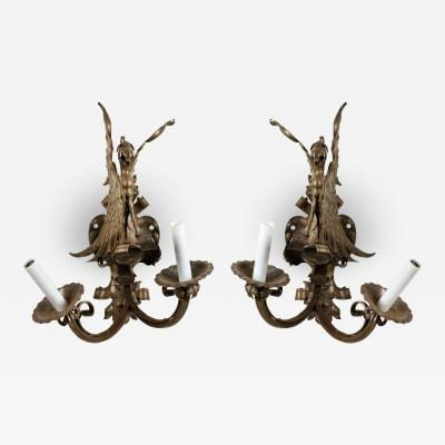 English Renaissance Revival Steel Coat of Arms Wall Sconces