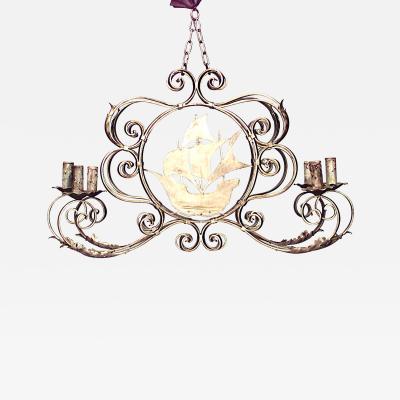 English Renaissance Style Gilt Iron 6 Arm Scroll Design Chandelier