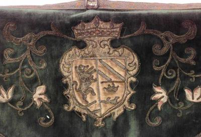 English Renaissance Style Green Velvet Gold Damask Banner