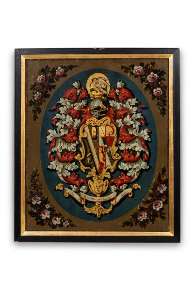 English Renaissance Style Heraldic Flag Oil on Canvas Painting