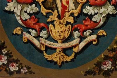 English Renaissance Style Heraldic Flag Oil on Canvas Painting