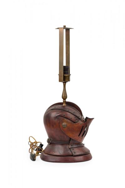 English Renaissance Style Novelty Brown Leather Knights Helmet Table Lamp