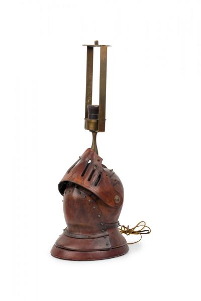 English Renaissance Style Novelty Brown Leather Knights Helmet Table Lamp