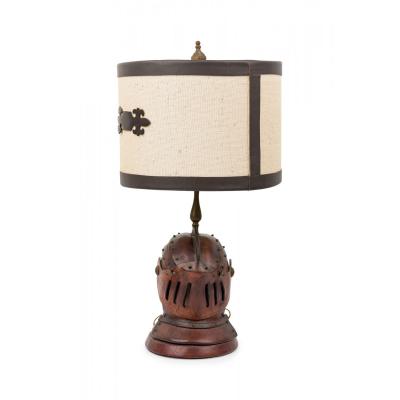 English Renaissance Style Novelty Brown Leather Knights Helmet Table Lamp