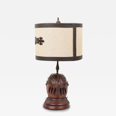 English Renaissance Style Novelty Brown Leather Knights Helmet Table Lamp
