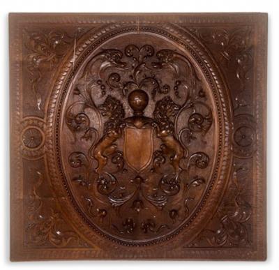 English Renaissance style square wall plaque with carved coat of arms