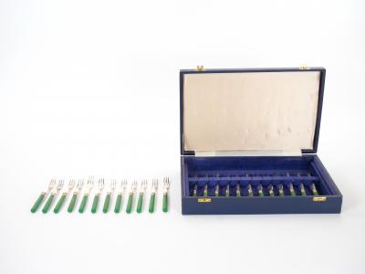English Sheffield Fish Cutlery Service Green Handles in Original Fitted Box