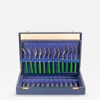 English Sheffield Fish Cutlery Service Green Handles in Original Fitted Box