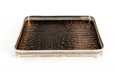 English Sheffield Plated Crocodile Interior Barware Gallery Tray 