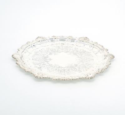 English Sheffield Silver Plate Engraved Interior Round Serving Tray