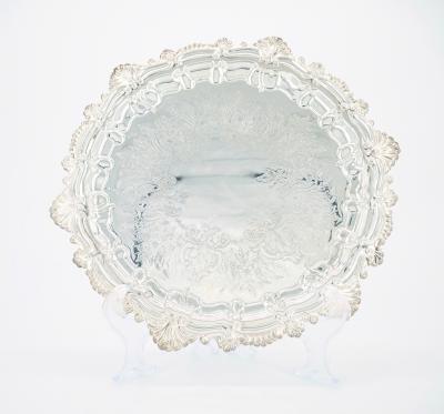 English Sheffield Silver Plate Engraved Interior Round Serving Tray