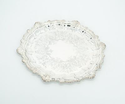 English Sheffield Silver Plate Engraved Interior Round Serving Tray