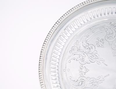 English Sheffield Silver Plate Round Shape Engraved Serving Tray
