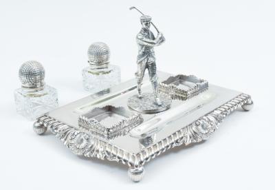 English Sheffield Silver Plated Footed Desk Inkwells with Stand 