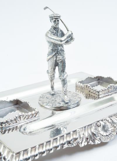 English Sheffield Silver Plated Footed Desk Inkwells with Stand 