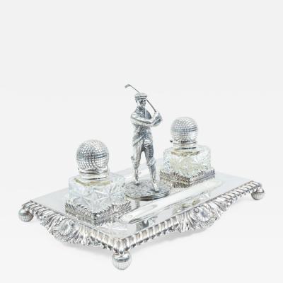 English Sheffield Silver Plated Footed Desk Inkwells with Stand 