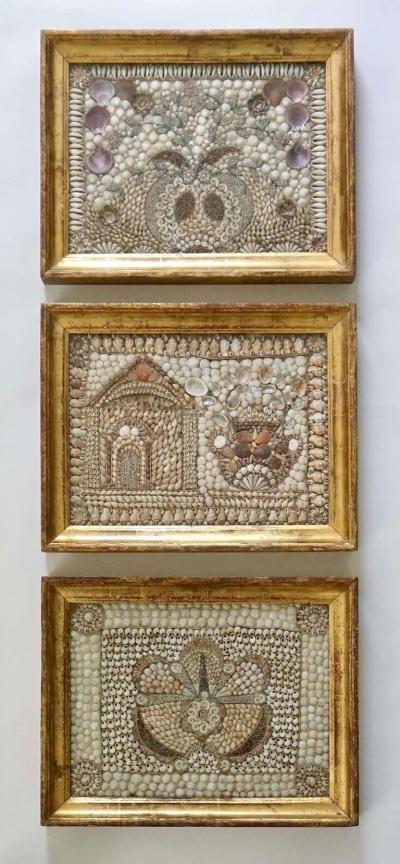 English Shellwork Pictures in Original Giltwood Frames Set of Three circa 1840
