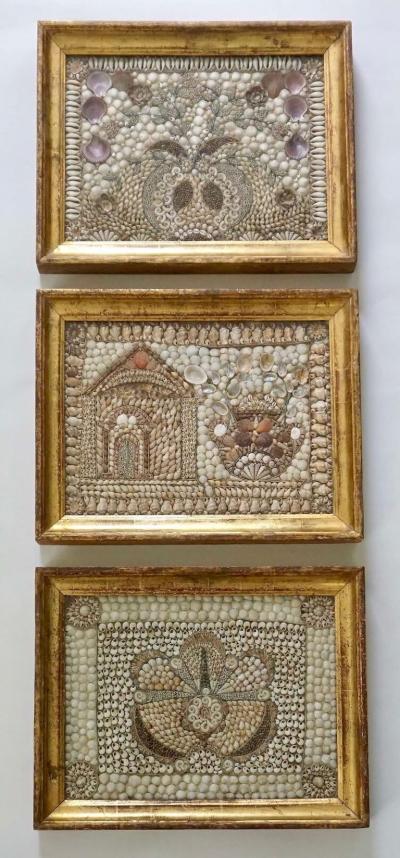 English Shellwork Pictures in Original Giltwood Frames Set of Three circa 1840