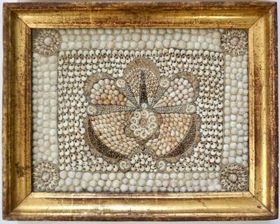 English Shellwork Pictures in Original Giltwood Frames Set of Three circa 1840