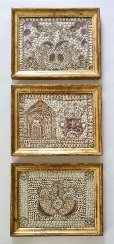 English Shellwork Pictures in Original Giltwood Frames Set of Three circa 1840