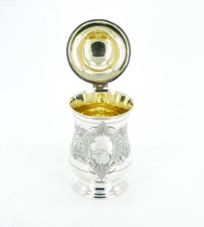 English Silver Plate Engraved Exterior Queen Anne Tankard