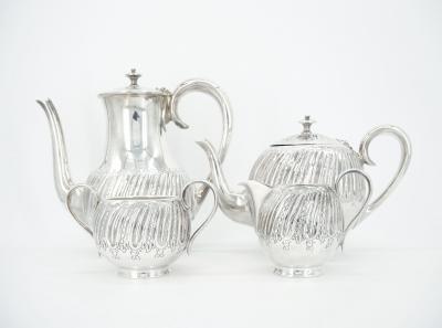 English Silver Plate Exterior Engraved Decorations Four Piece Tea Coffee Set