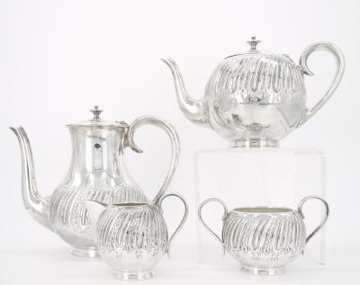 English Silver Plate Exterior Engraved Decorations Four Piece Tea Coffee Set