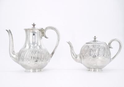 English Silver Plate Exterior Engraved Decorations Four Piece Tea Coffee Set