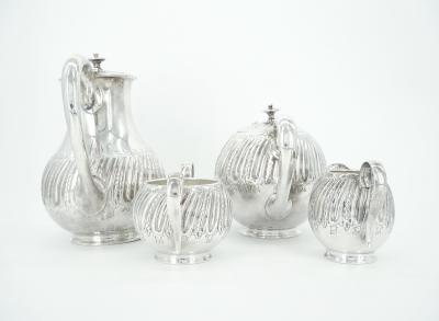 English Silver Plate Exterior Engraved Decorations Four Piece Tea Coffee Set
