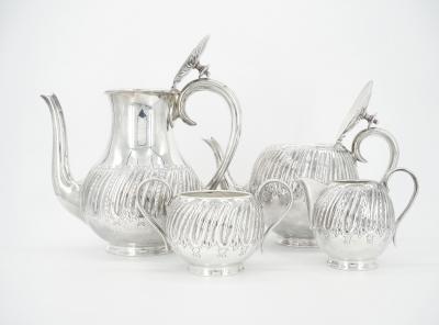 English Silver Plate Exterior Engraved Decorations Four Piece Tea Coffee Set