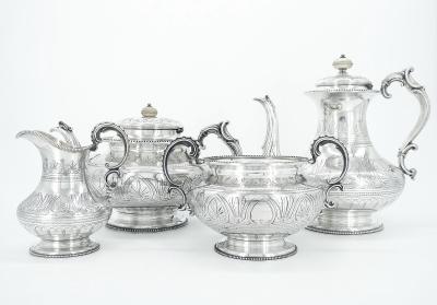 English Silver Plate Four Piece Tea Coffee Service Exterior Engraved Details
