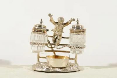 English Silver Plated Cruet Set of Young Boy Leaping in the Air circa 1873