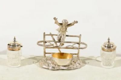 English Silver Plated Cruet Set of Young Boy Leaping in the Air circa 1873