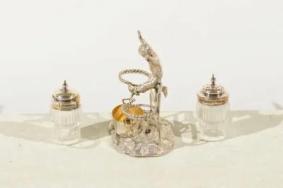 English Silver Plated Cruet Set of Young Boy Leaping in the Air circa 1873