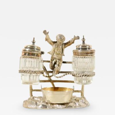 English Silver Plated Cruet Set of Young Boy Leaping in the Air circa 1873