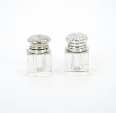 English Silver Plated Gallery Top Footed Holding Base Cut Glass Inkwell