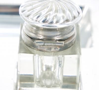 English Silver Plated Gallery Top Footed Holding Base Cut Glass Inkwell