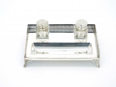 English Silver Plated Gallery Top Footed Holding Base Cut Glass Inkwell