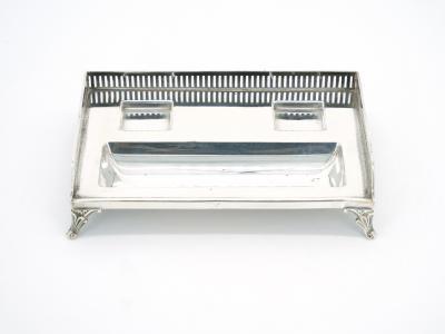 English Silver Plated Gallery Top Footed Holding Base Cut Glass Inkwell