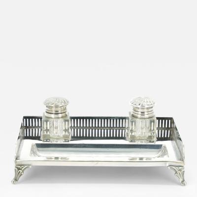 English Silver Plated Gallery Top Footed Holding Base Cut Glass Inkwell
