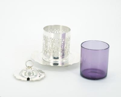 English Silver Plated Holding Base Purple Glass Insert Tableware Covered Jar