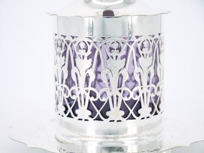English Silver Plated Holding Base Purple Glass Insert Tableware Covered Jar