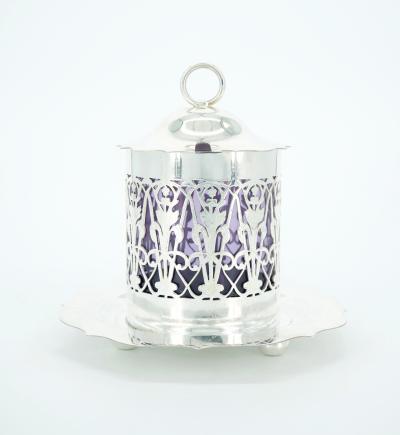 English Silver Plated Holding Base Purple Glass Insert Tableware Covered Jar