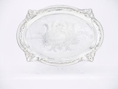 English Silver Plated Oval Shape Hand Decorated Interior Serving Tray
